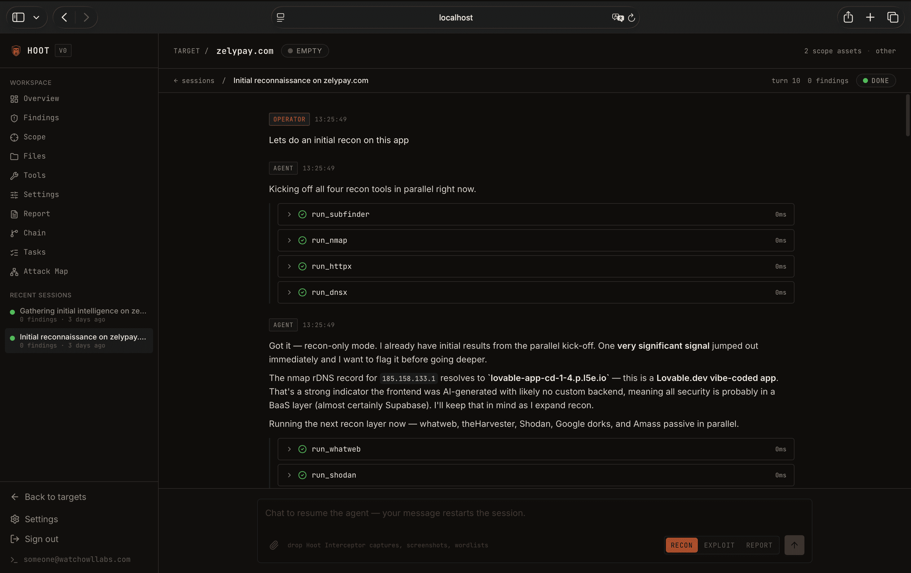 Hoot agent conversation view. The operator has issued a recon command; the agent shows tools firing in parallel, then summarizes findings and presents 2–3 concrete next steps as labeled choices (A, B, C). The agent waits for the operator's input before proceeding.