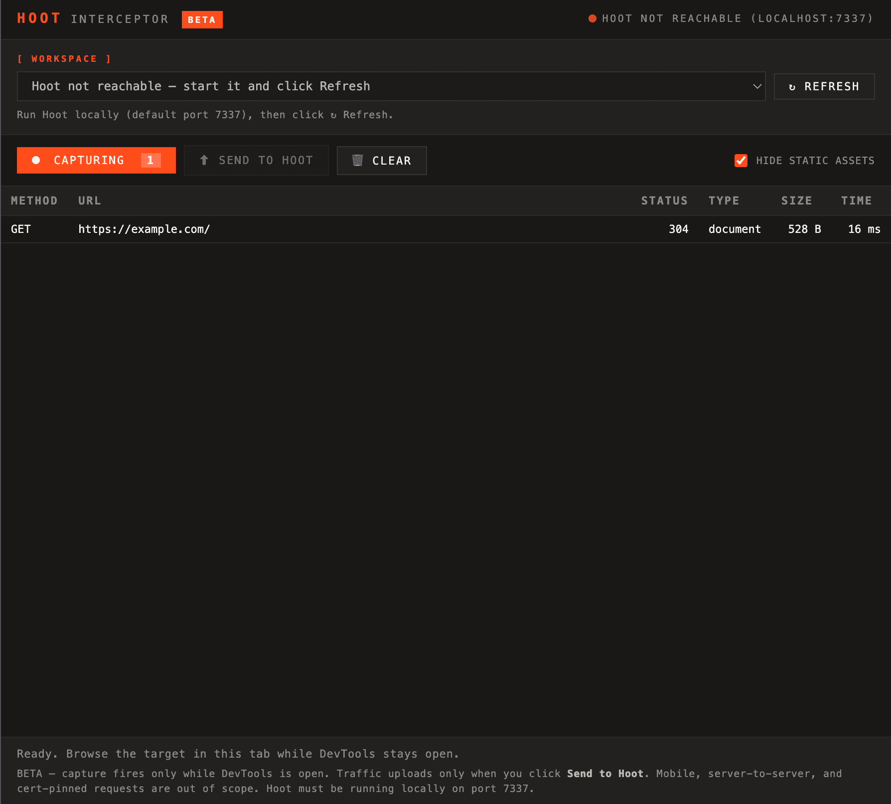 Hoot Interceptor running as a Chrome DevTools panel. Toolbar shows status, workspace selector, and Capturing / Send to Hoot / Clear controls. A request table lists Method, URL, Status, Type, Size, Time.